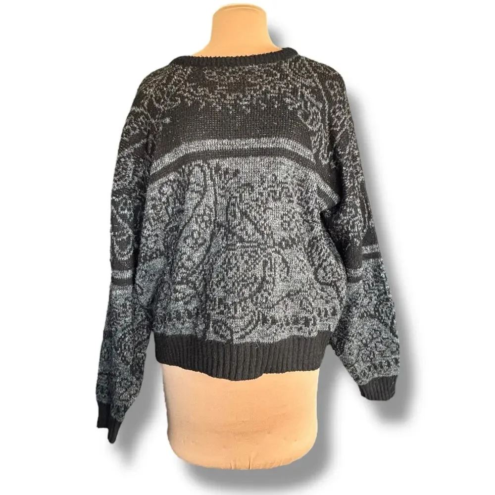 Vintage 90s Black Gray Floral Tapestry Knit Pullover Sweater Made in USA XL‎